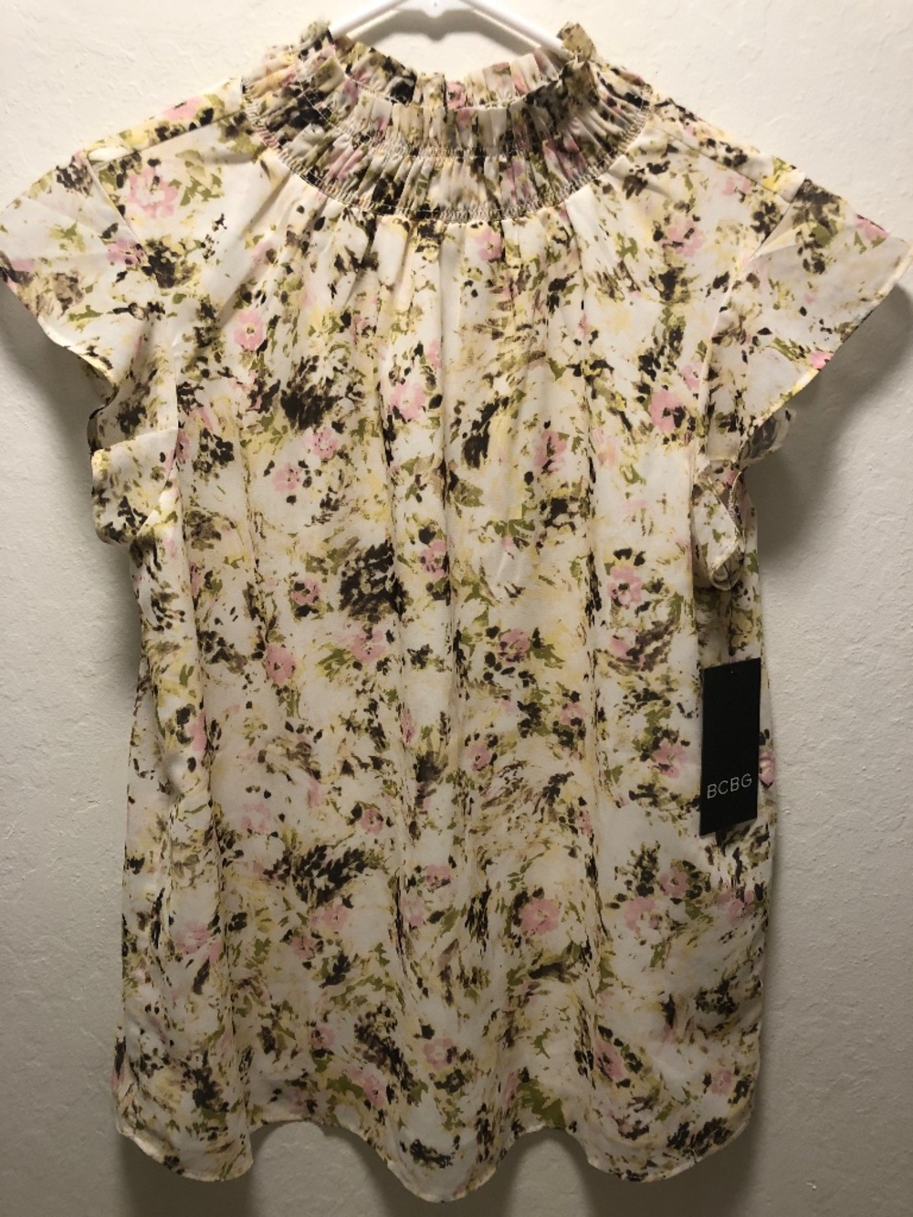 BCBG Sheer Cream Floral Ruffled-Neck Flutter Sleeve Blouse